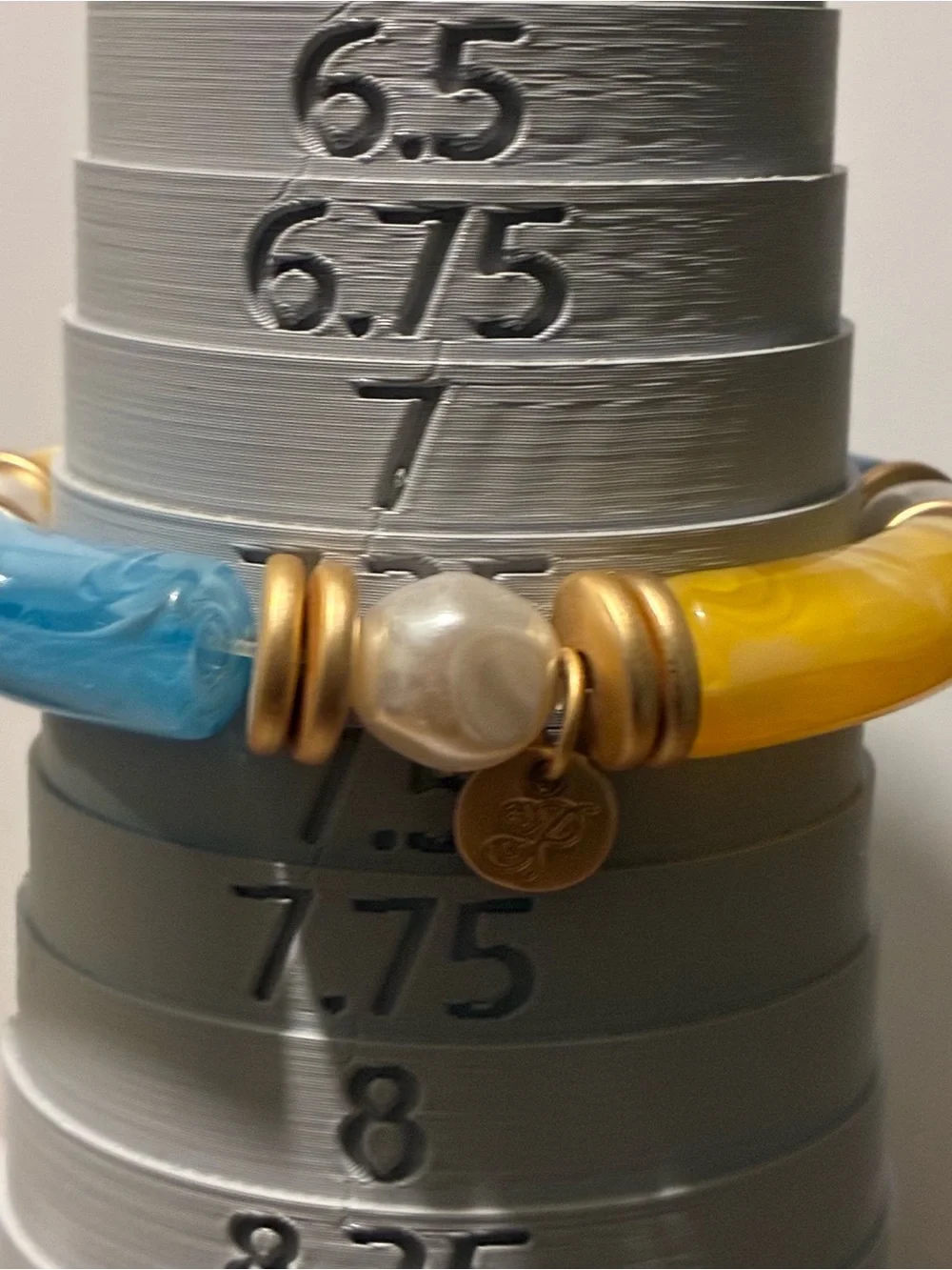 Blue and Yellow Resin Pearl Bracelet with Matte Gold Accents